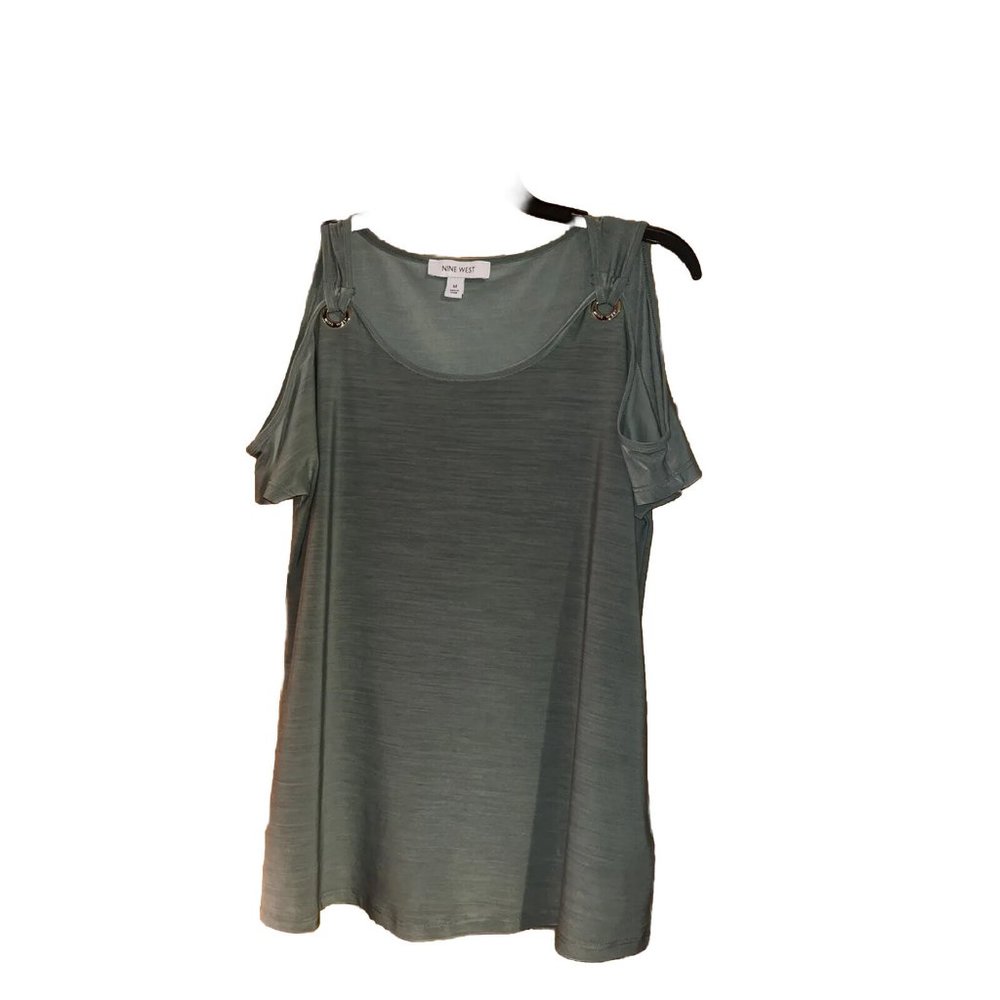 Nine West T-Shirt Size Medium Green Color Gold Logo Open Shoulders For Women